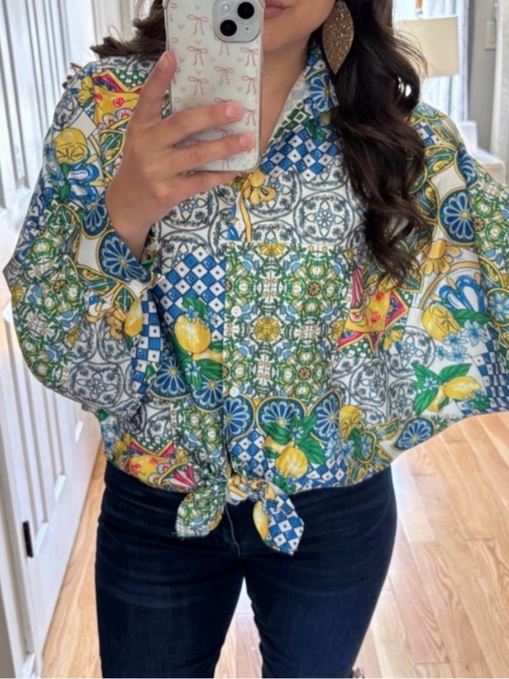 Tie-Front Printed Blouse in Blue, Yellow & Green - Picture 2 of 8